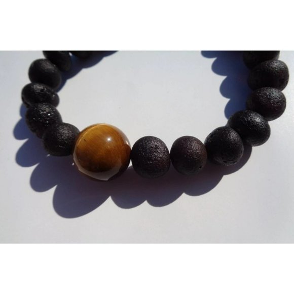 Amber Bracelet w Tigers Eye Bead, Unisex Bracelet, Baltic Amber Bracelet 23 cm - Picture 2 of 9